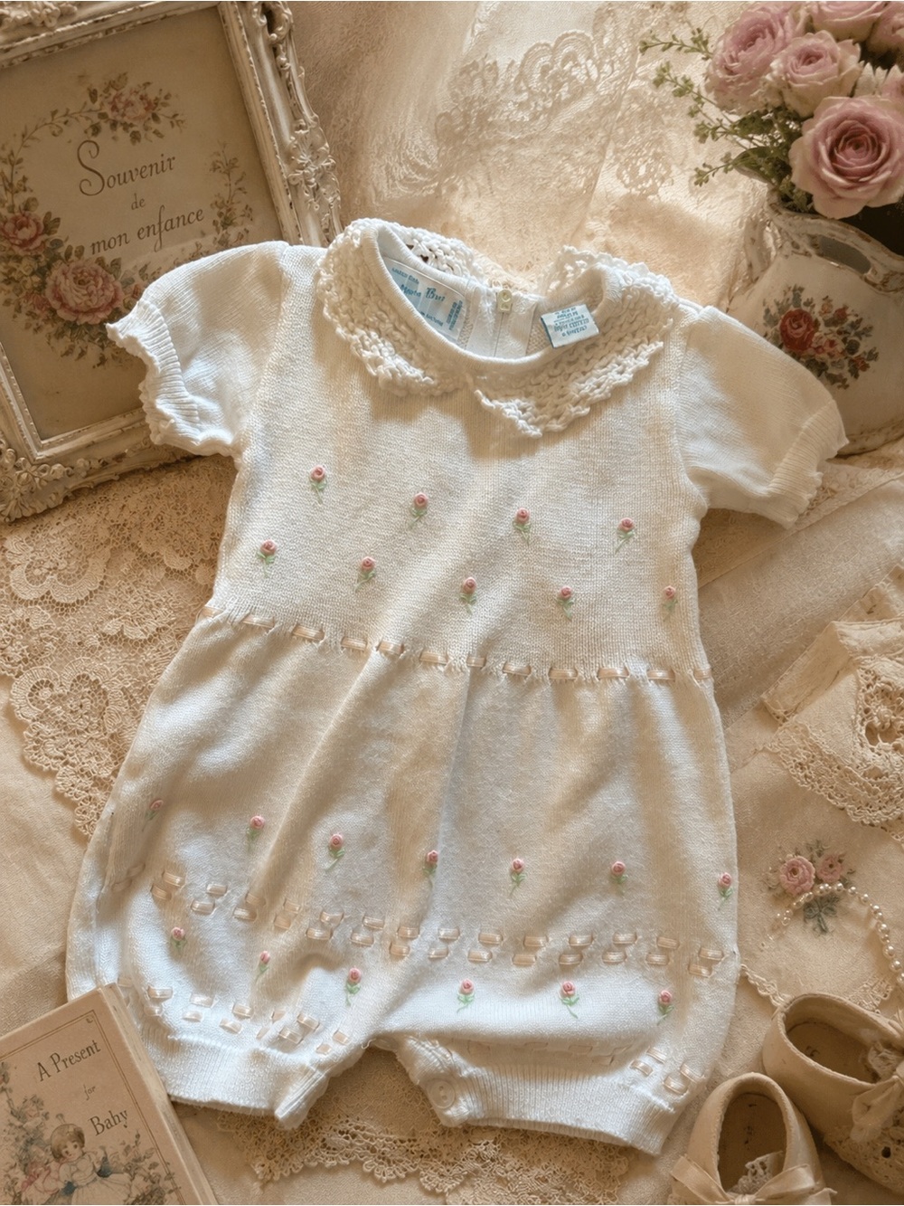 Vintage feltman Bros White Knit Baby Romper with Pink Rose Embroidery